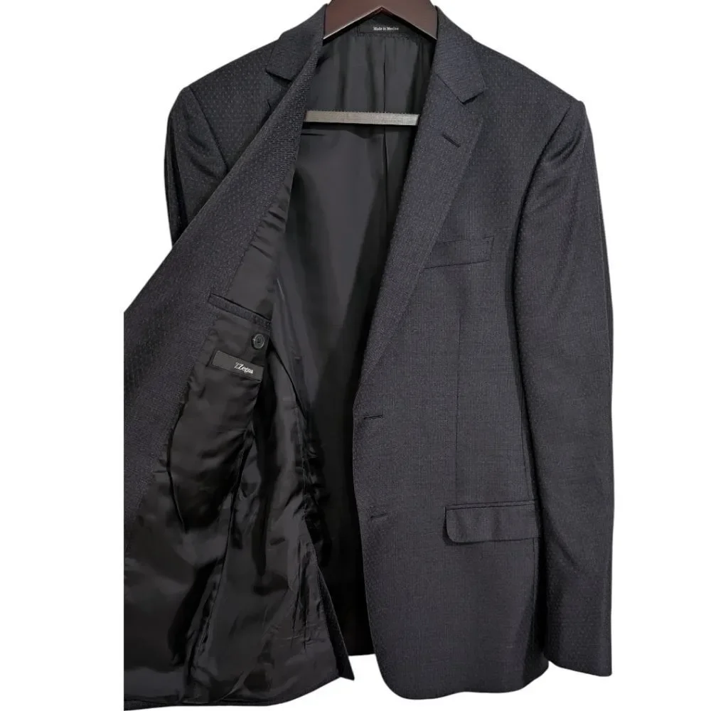 Z Zegna Mens Dark Navy/Black Micro-Pattern Wool Suit Jacket Blazer EU 46R Drop 8
